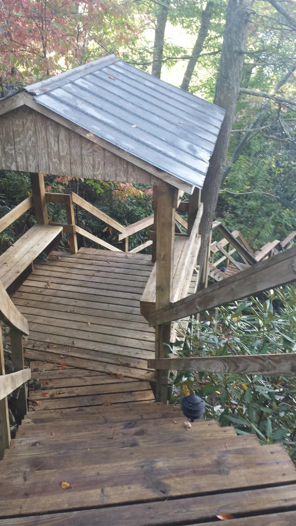 Metal roofed shelter over wooden steps on a wooded walkway — Skylight Repair & Installation work by our crew in Rock Valley